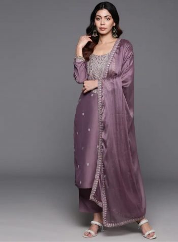 LATEST CHANDERI SILK EMBROIDERY WORK TOP BOTTOM WITH DUPATTA LAVENDER