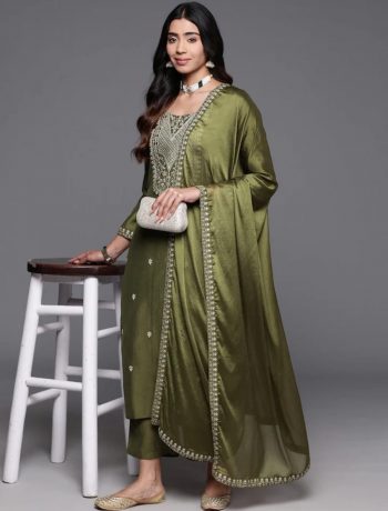 LATEST CHANDERI SILK EMBROIDERY WORK TOP BOTTOM WITH DUPATTA MEHNDI