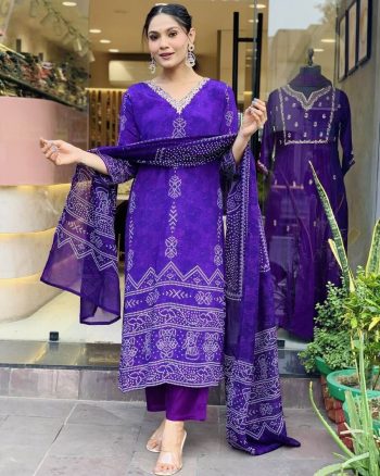 LATEST MUSLIN DIGITAL PRINT WITH HANDWORK TOP BOTTOM WITH DUPATTA PURPLE