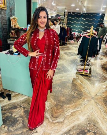 LATEST SATIN EMBROIDERY WORK READY TO WEAR SAREE BLOUSE WITH JACKET AND BELT RED