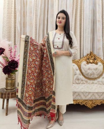 MOST PICKED KHADI COTTON EMBROIDERY WORK TOP BOTTOM WITH DUPATTA OFF WHITE
