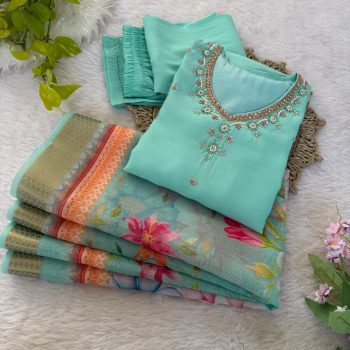 NEW ARRIVAL ROMAN SILK EMBROIDERY HAND WORK TOP BOTTOM WITH DUPATTA SKY