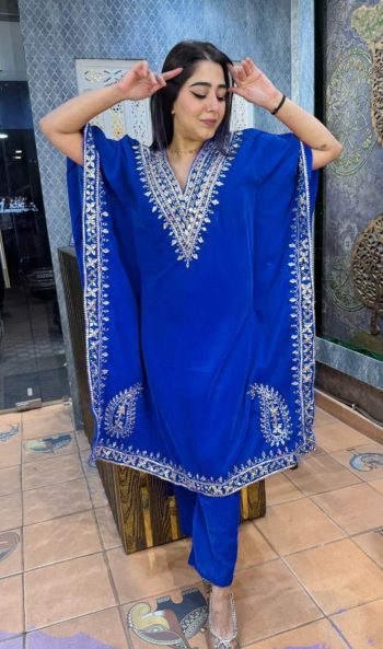 NEW ARRIVAL VELVET EMBROIDERY SEQUENCE WORK KAFTAN WITH PANT BLUE