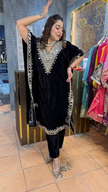 NEW ARRIVAL VELVET EMBROIDERY SEQUENCE WORK KAFTAN WITH PANT BLACK