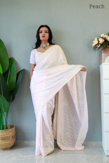 RICH LOOK CHINON SILK EMBROIDERY WORK SAREE WITH UNSTITCHED BLOUSE PEACH