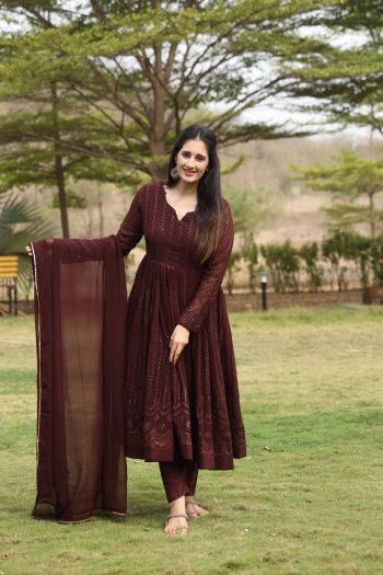 RICH LOOK GEORGETTE SEQUENCE EMBROIDERY WORK GOWN BOTTOM WITH DUPATTA COFFE