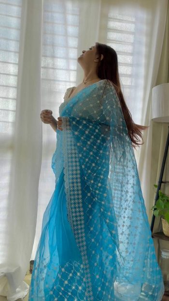 RICH LOOK ORGANZA SILK EMBROIDERY  THRAED  CUT WORK SAREE WITH STITCHED BLOUSE SKY