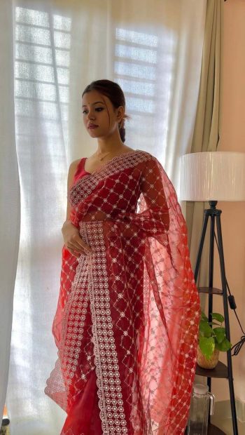 RICH LOOK ORGANZA SILK EMBROIDERY  THRAED  CUT WORK SAREE WITH STITCHED BLOUSE RED