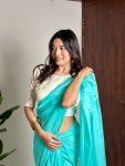 RICH LOOK ORGANZA SILK HAND PEARL CUT WORK SAREE WITH UNSTITCHED BLOUSE PARTY WEAR WHOLESALE PRICE ETHNIC GRAMENT (12)