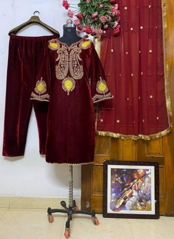 RICH LOOK VELVET EMBROIDERY WORK TOP BOTTOM WITH DUPATTA RED