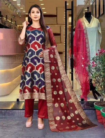 TRADITIONAL SILK BLEND ZARI WORK TOP BOTTOM WITH DUPATTA MAROON