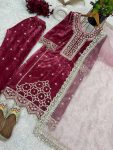 TRADITIONAL VELVET EMBROIDERY SEQUENCE MOTI WORK TOP BOTTOM WITH DUPATTA PARTY WEAR WHOLESALE PRICE ETHNIC GARMENT (3)