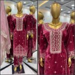 TRADITIONAL VELVET EMBROIDERY SEQUENCE MOTI WORK TOP BOTTOM WITH DUPATTA PARTY WEAR WHOLESALE PRICE ETHNIC GARMENT (3)