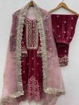 TRADITIONAL VELVET EMBROIDERY SEQUENCE MOTI WORK TOP BOTTOM WITH DUPATTA PARTY WEAR WHOLESALE PRICE ETHNIC GARMENT (3)