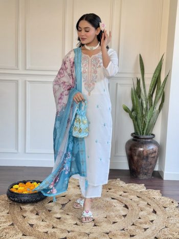 TRENDING CHANDERI SILK EMBROIDERY SEQUENCE WORK TOP BOTTOM WITH DUPATTA SKY