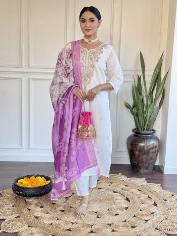 TRENDING CHANDERI SILK EMBROIDERY SEQUENCE WORK TOP BOTTOM WITH DUPATTA PINK