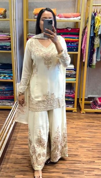 TRENDING CHINON SILK EMBROIDERY WORK TOP PALAZZO WITH DUPATTA WHITE