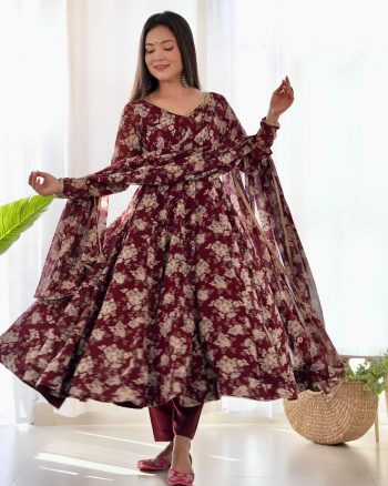 TRENDING FAUX GEORGETTE FLORAL PRINTED FANCY LACE WORK GOWN BOTTOM WITH DUPATTA MAROON