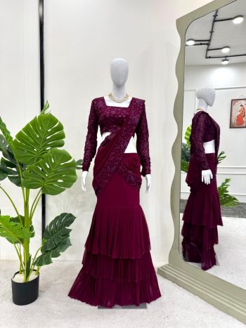 TRENDING GEORGETTE THREAD SEQUENCE WORK READY TO WEAR LEHENGA SAREE WITH UNSTITCHED BLOUSE MAROON