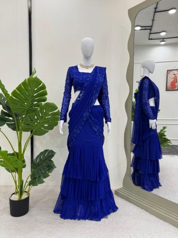 TRENDING GEORGETTE THREAD SEQUENCE WORK READY TO WEAR LEHENGA SAREE WITH UNSTITCHED BLOUSE BLUE