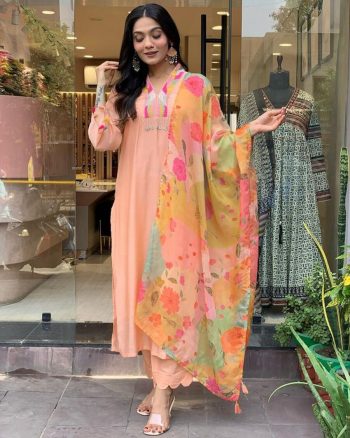 TRENDING MUSLIN EMBRIODERY HAND MOTI WORK TOP BOTTOM WITH DUPATTA PEACH