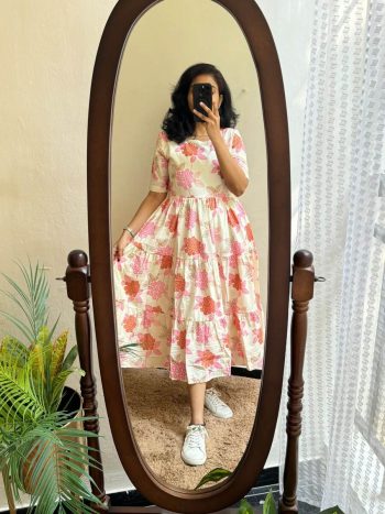 TRENDING MUSLIN FLOWER PRINTED WORK ONE PIECE PINK