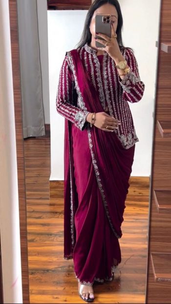 TRENDING RANGOLI SILK EMBROIDERY CORDING WORK READY TO WEAR SAREE WITH JACKET RANI