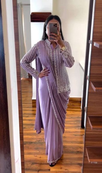 TRENDING RANGOLI SILK EMBROIDERY CORDING WORK READY TO WEAR SAREE WITH JACKET LAVENDER