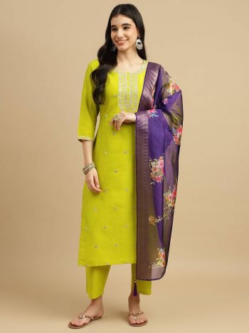 RENDING RAYON SLUB CODING WORK TOP BOTTOM WITH DUPATTA YELLOW