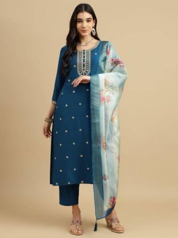 RENDING RAYON SLUB CODING WORK TOP BOTTOM WITH DUPATTA BLUE