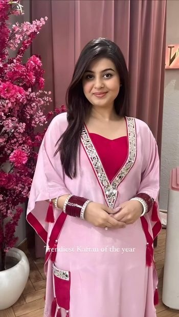 TRENDING SATIN SILK MIRROR LACE WITH TUSSLE WORK KAFTAN WITH PANT BABY PINK