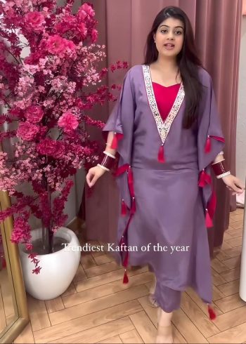 TRENDING SATIN SILK MIRROR LACE WITH TUSSLE WORK KAFTAN WITH PANT LAVENDER