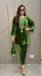TRENDING VELVET EMBROIDERY SEQUENCE WORK KURTI WITH PALAZZO GREEN