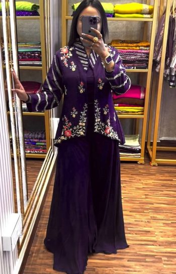 DESIGNER CHINON EMBROIDERY SEQUENCE WORK PALAZZO WITH STITCHED BLOUSE AND KOTI PURPLE