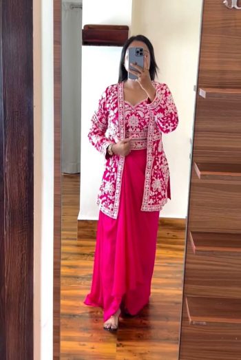 DESIGNER CHINON EMBROIDERY WORK DRAPE SKIRT FULLY STITCHED BLOUSE WITH KOTI RANI