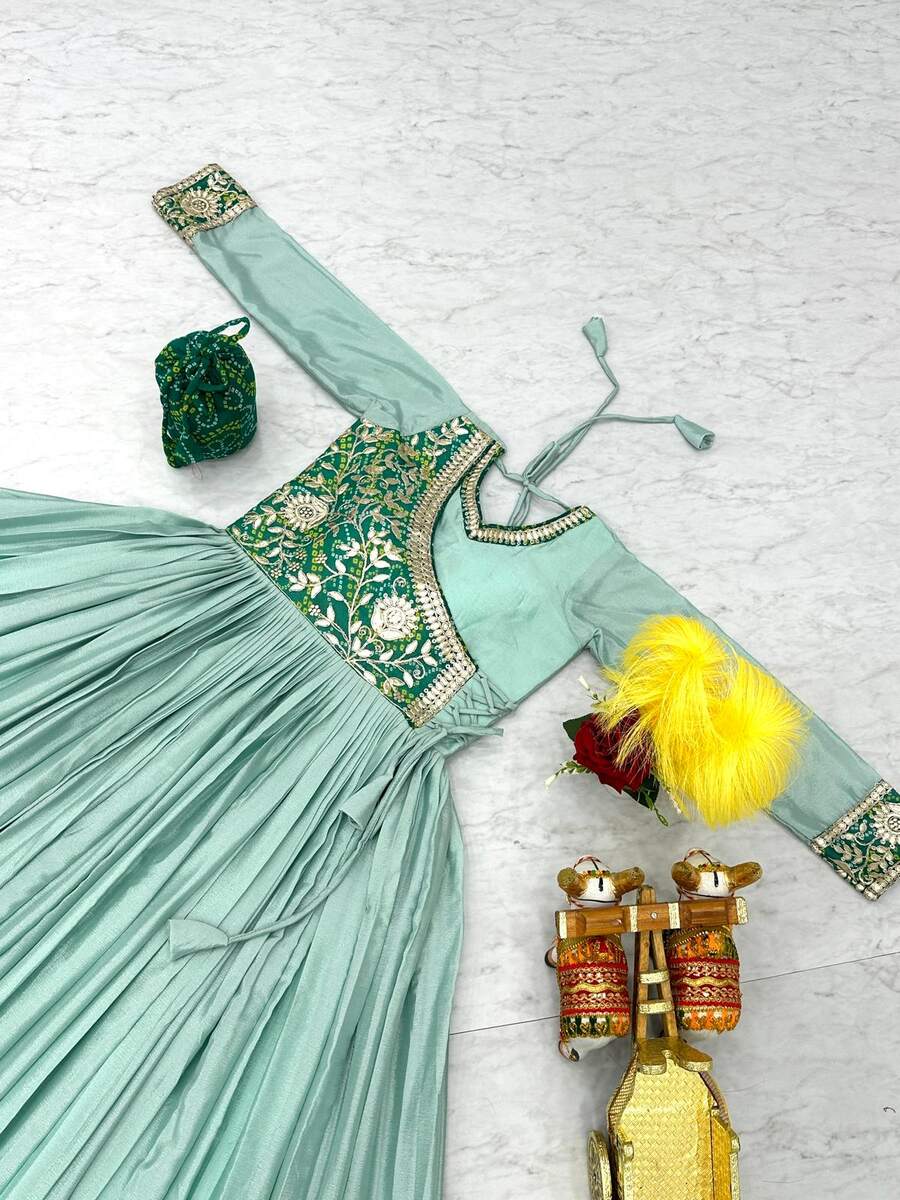 1DESIGNER CHINON GOTA PATTI CODING AND BANDHEJ WORK ATTACHED KOTI STYLE GOWN WITH POTALI PURSE FESTIVE WEAR WHOLESALE PRICE ETHNIC GARMENT (14)