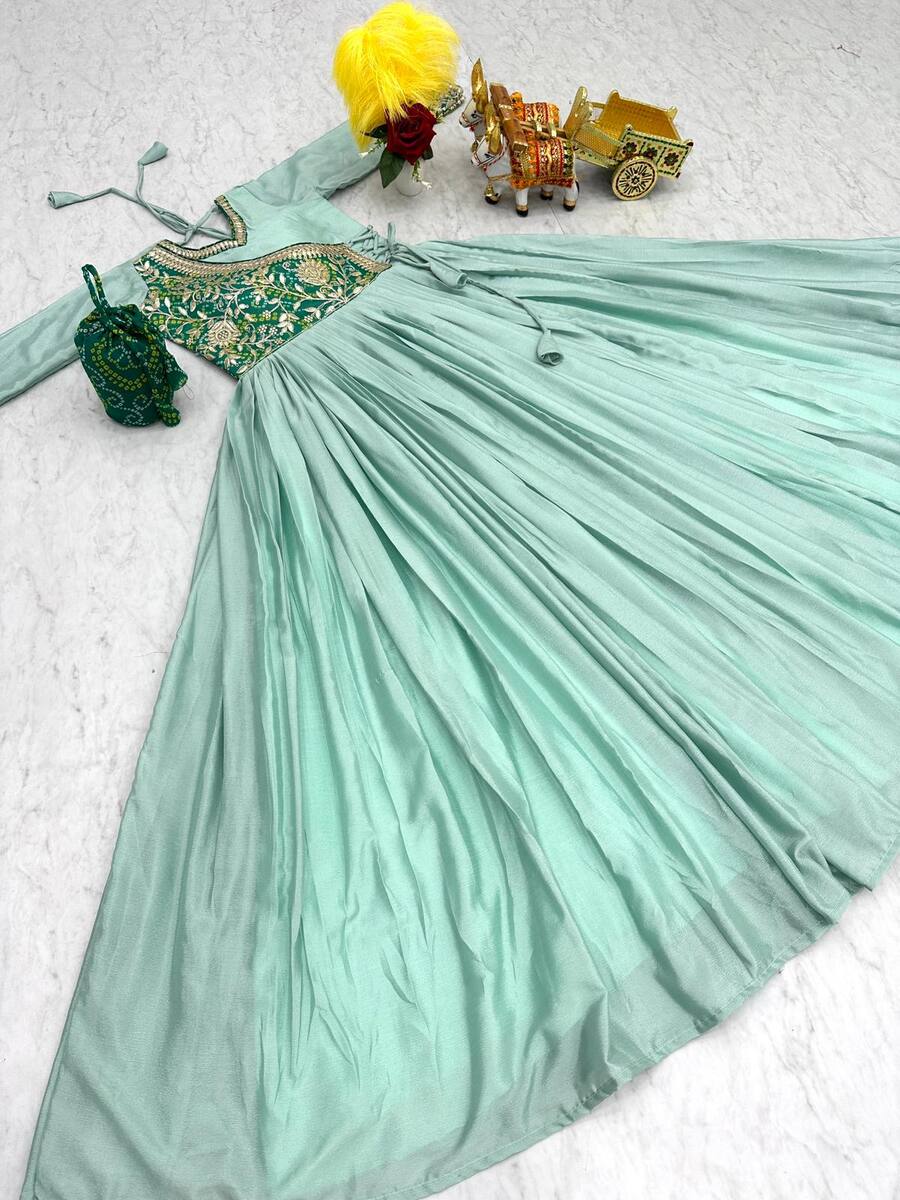 1DESIGNER CHINON GOTA PATTI CODING AND BANDHEJ WORK ATTACHED KOTI STYLE GOWN WITH POTALI PURSE FESTIVE WEAR WHOLESALE PRICE ETHNIC GARMENT (15)