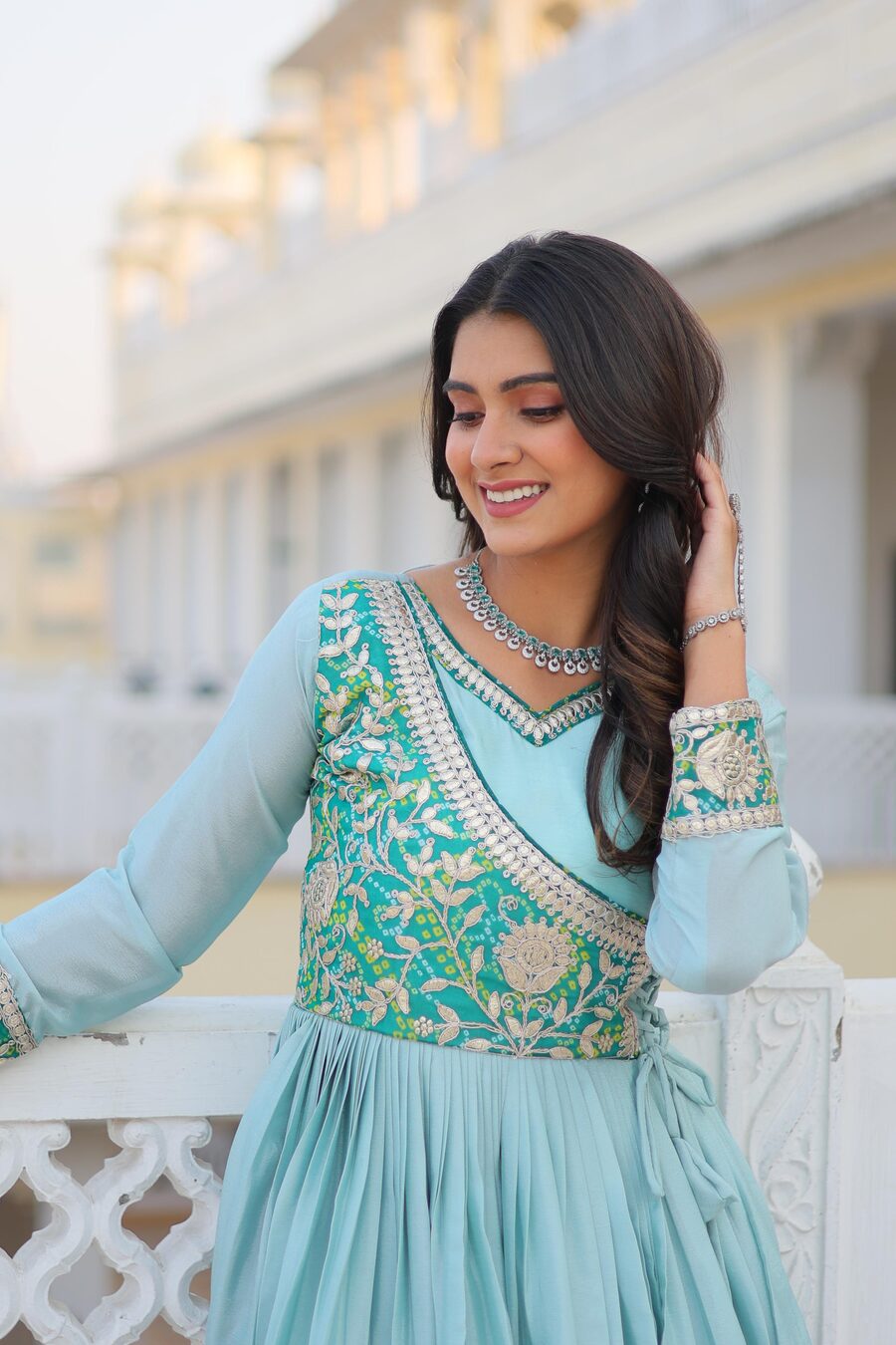 1DESIGNER CHINON GOTA PATTI CODING AND BANDHEJ WORK ATTACHED KOTI STYLE GOWN WITH POTALI PURSE FESTIVE WEAR WHOLESALE PRICE ETHNIC GARMENT (17)