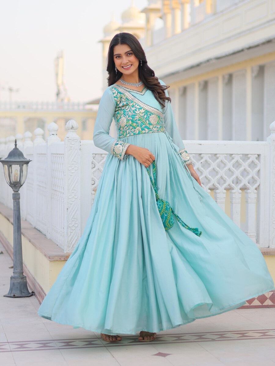1DESIGNER CHINON GOTA PATTI CODING AND BANDHEJ WORK ATTACHED KOTI STYLE GOWN WITH POTALI PURSE FESTIVE WEAR WHOLESALE PRICE ETHNIC GARMENT (19)
