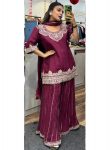 DESIGNER CHINON SILK EMBROIDERY CODING SEQUENCE WORK TOP PALAZZO WITH DUPATTA  WINE