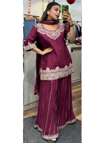 DESIGNER CHINON SILK EMBROIDERY CODING SEQUENCE WORK TOP PALAZZO WITH DUPATTA  WINE