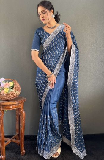 DESIGNER CHINON SILK MULTI SEQUENCE WORK READY TO WEAR SAREE WITH UNSTITCHED BLOUSE NAVY BLUE