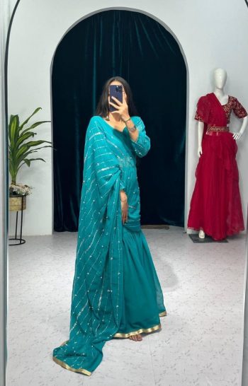 DESIGNER FAUX GEORGETTE EMBROIDERY AND REAL PEARL MOTI WORK LEHENGA SAREE WITH EMBROIDED DUPATTA AND FULL STITCHED BLOUSE SKY BLUE