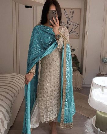 ATTRACTIVE GEORGETTE SEQUENCE EMBROIDERY WORK TOP PANT WITH DUPATTA  SKY