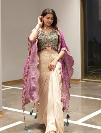 DESIGNER MONO SILK SEQUENCE EMBROIDERY AND LATKAN WORK TUBE BLOUSE DRAPE SKIRT WITH SHRUG  PINK
