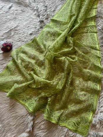 DESIGNER ORGANZA SILK EMBROIDERY THREAD SPARKLING HOTFIX DIAMOND WORK SAREE WITH UNSTITCHED BLOUSE GREEN
