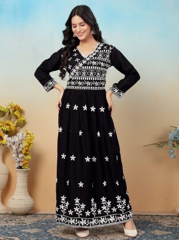 DESIGNER RAYON CHIKANKARI EMBROIDER WORK TOP BOTTOM SET BLACK