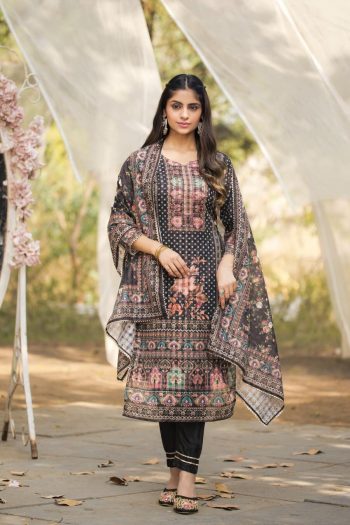 DESIGNER REVA CHECKS ZARI LINING TOP BOTTOM WITH DUPATTA BLACK