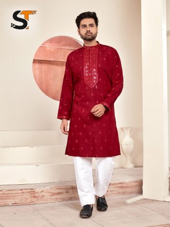 DESIGNER SILK EMBROIDERY AND SEQUENCE WORK MEN'S KURTA PAYJAMA MAROON