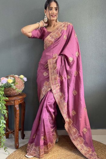 DESIGNER VICHITRA SILK ZARI AND STONE WORK WITH CUT WORK BORDER READY TO WEAR SAREE WITH UNSTITCHED BLOUSE  PEACH